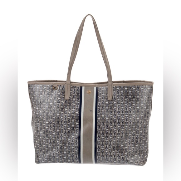 Tory Burch Gray Geometric Tote Bag Grey Leather Trim Purse Print Handles Pocket - Picture 4 of 13